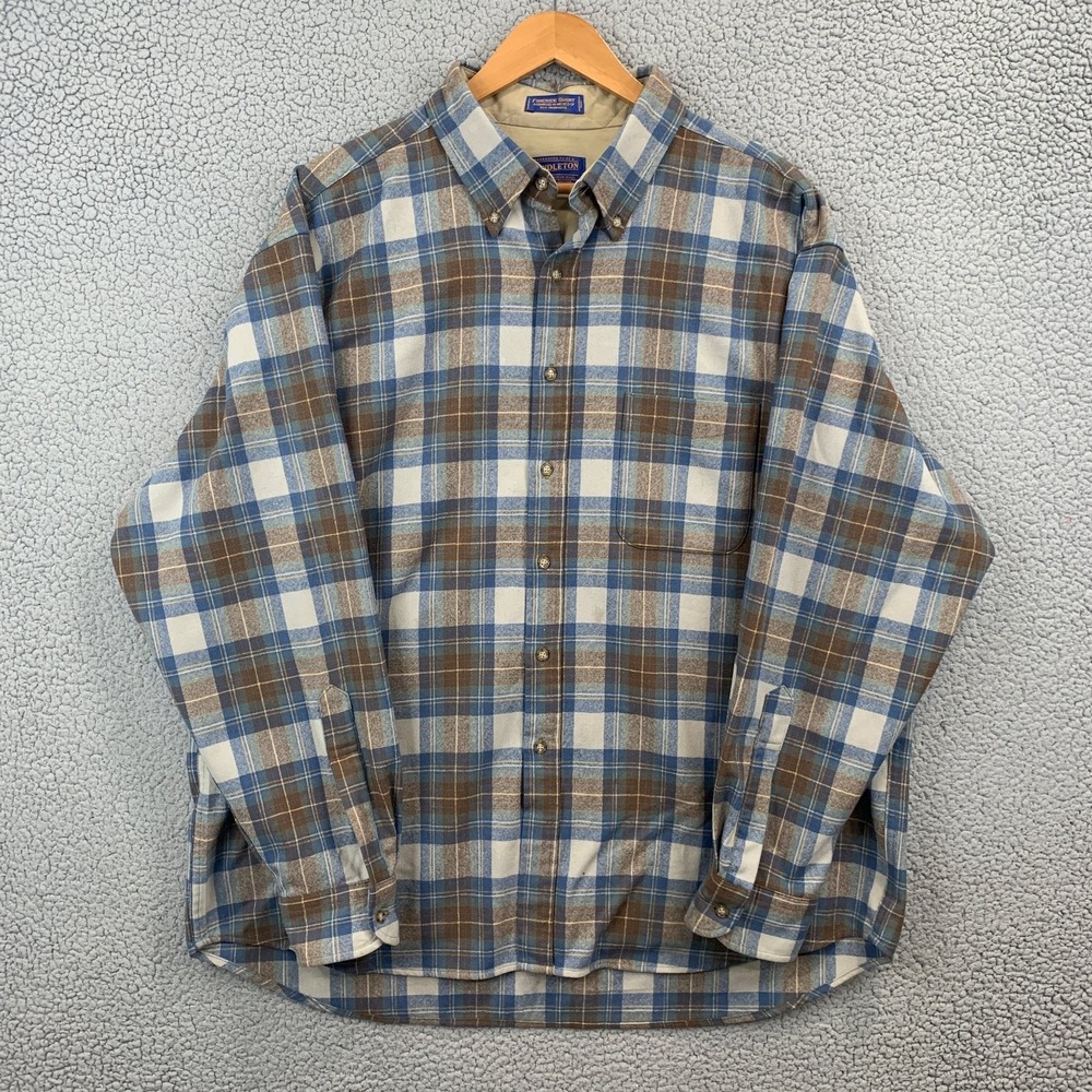 Pendleton Fireside Flannel Shirt Men's XXL Blue Brown Plaid Wool Long Sleeve